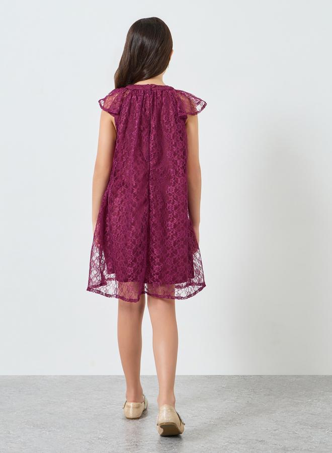 Styli Girls Burgundy Lace Short Sleeve Dress - Image 3